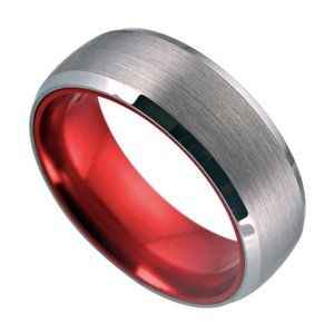 Mens Tungsten Wedding Band (8mm). Top Silver Matte Finish / Duo Inner Red Tone